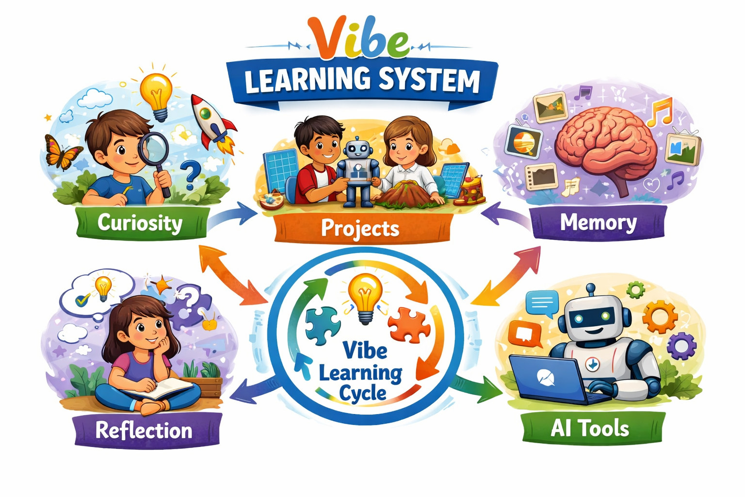 connected learners sharing ideas through AI tools, clean white editorial background, minimal modern design. This image contains modern cards, soft gradients, and a bright community-learning layout.