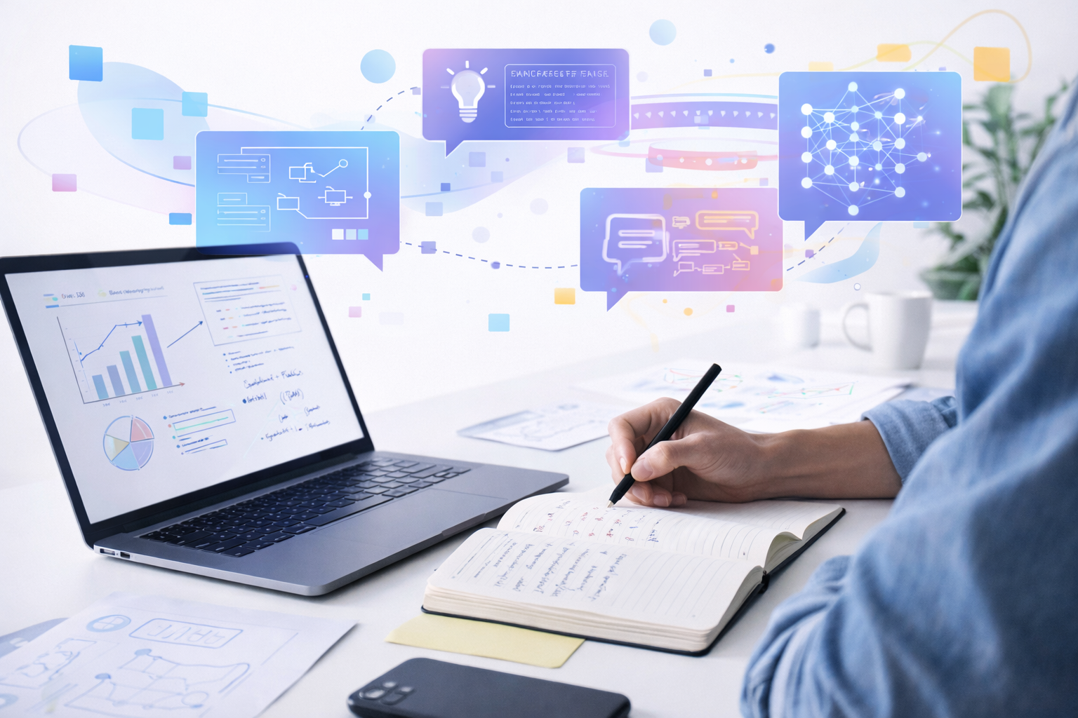 person working with notes, laptop, diagrams, and AI-assisted thought bubbles in a modern bright workspace. This image contains a clean white background, editorial layout, and abstract shapes suggesting active problem solving and learning.